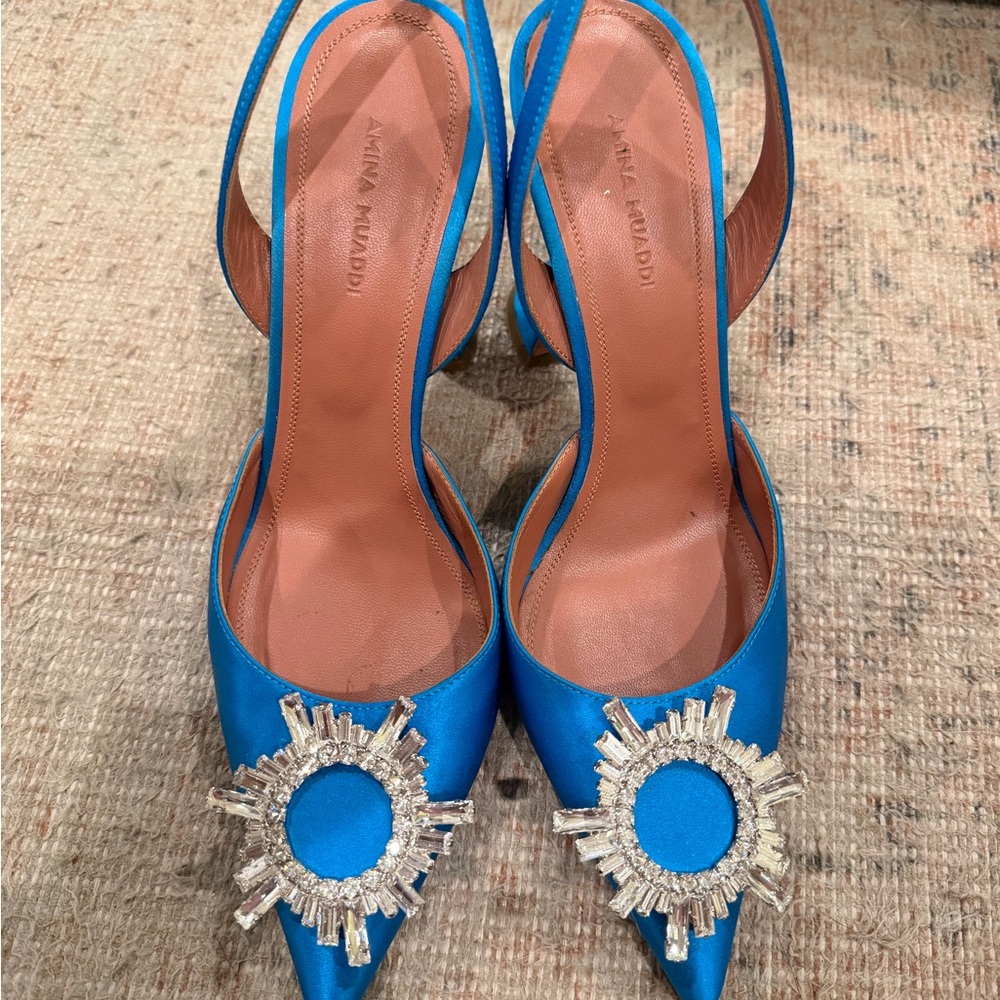 Amina Muaddi Vibrant Blue Embellished Heels - Picture 1 of 8